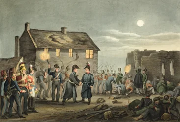 Wellington und Blücher treffen sich zufällig am Ende der Schlacht von Waterloo, graviert von Matthew Dubourg (fl.1813-20) aus 